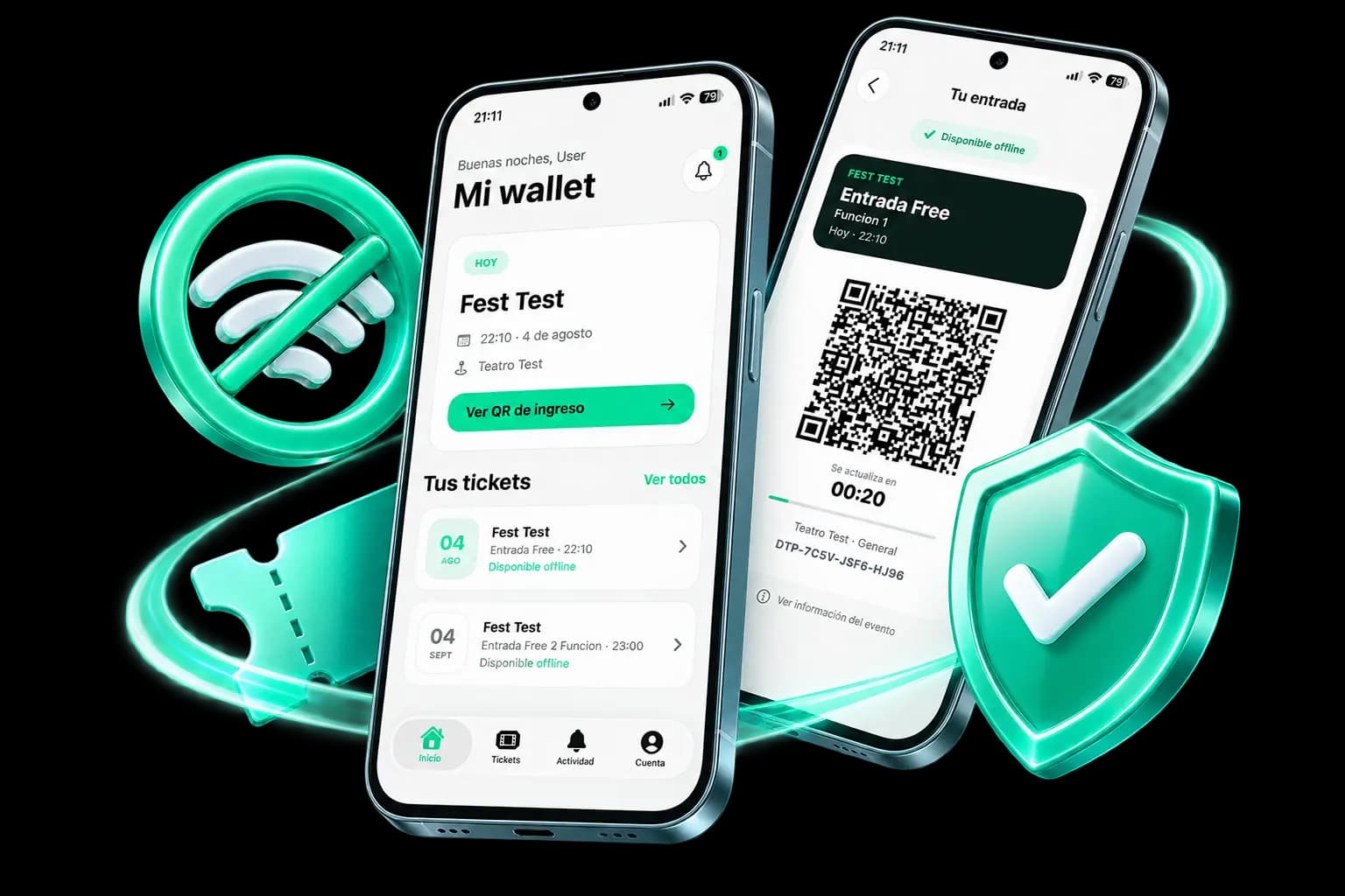 Dos pantallas de Doctapass Wallet mostrando la lista de entradas y el QR de ingreso