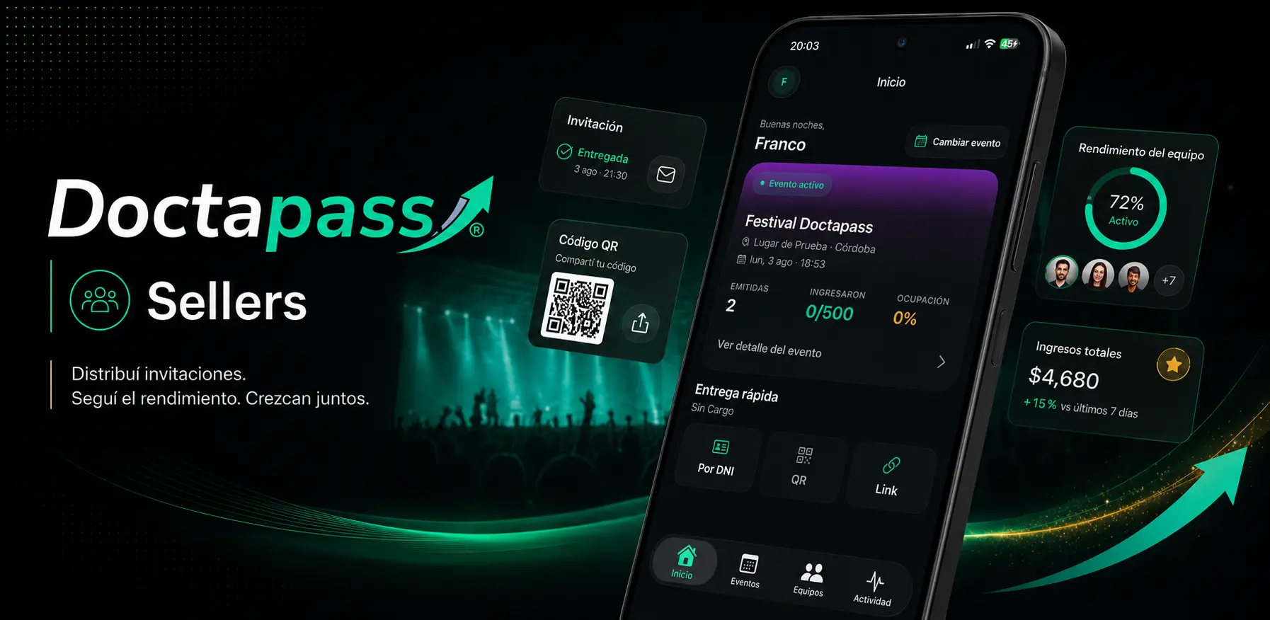 Pieza ilustrativa de Doctapass Sellers con pantallas de eventos, entrega y equipos